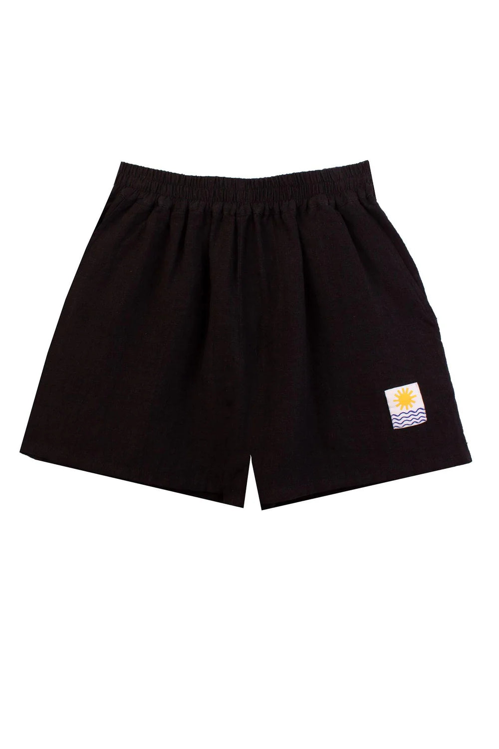 Black shorts with a small LF Markey logo on a white background