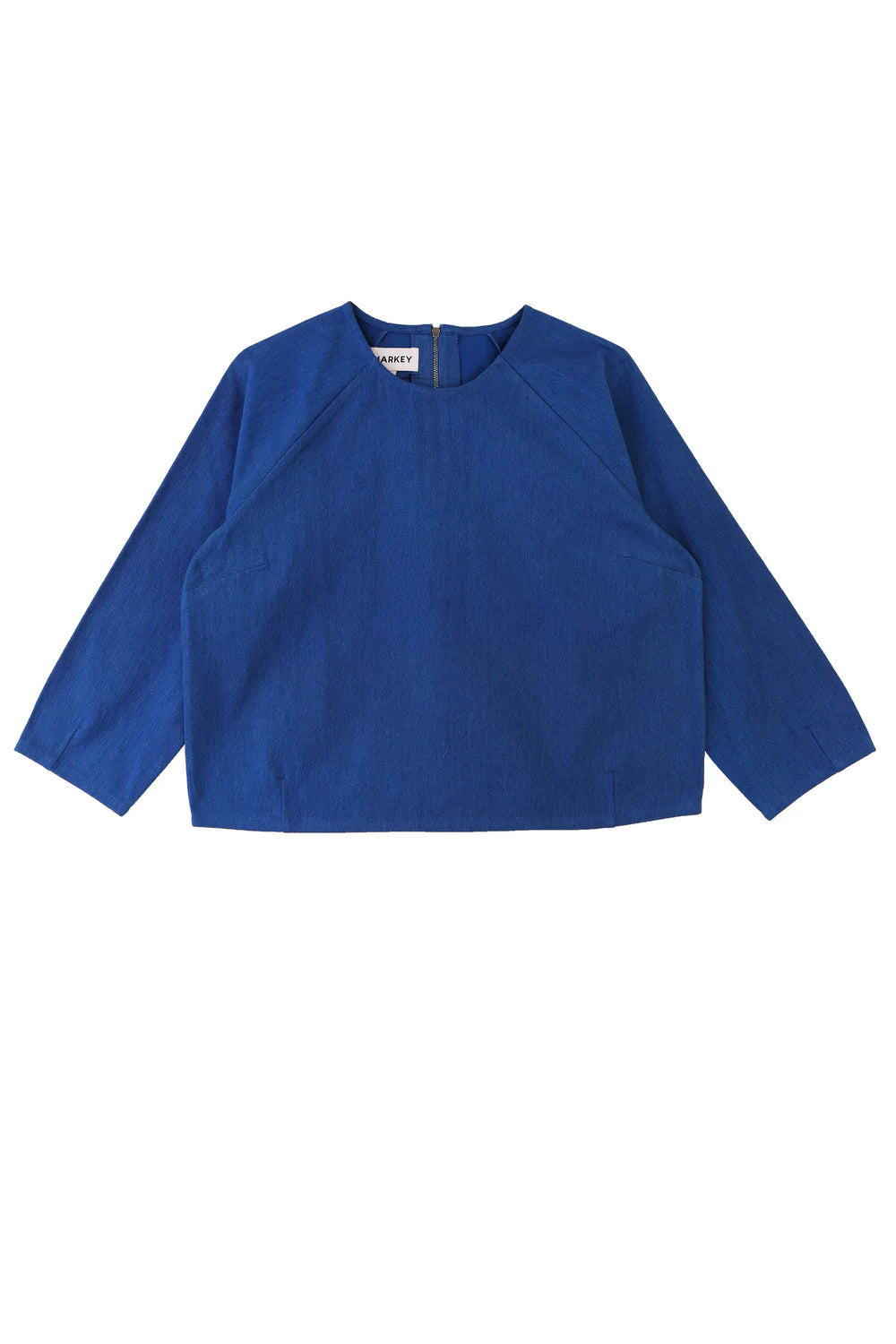 Blue long-sleeve top on a white background