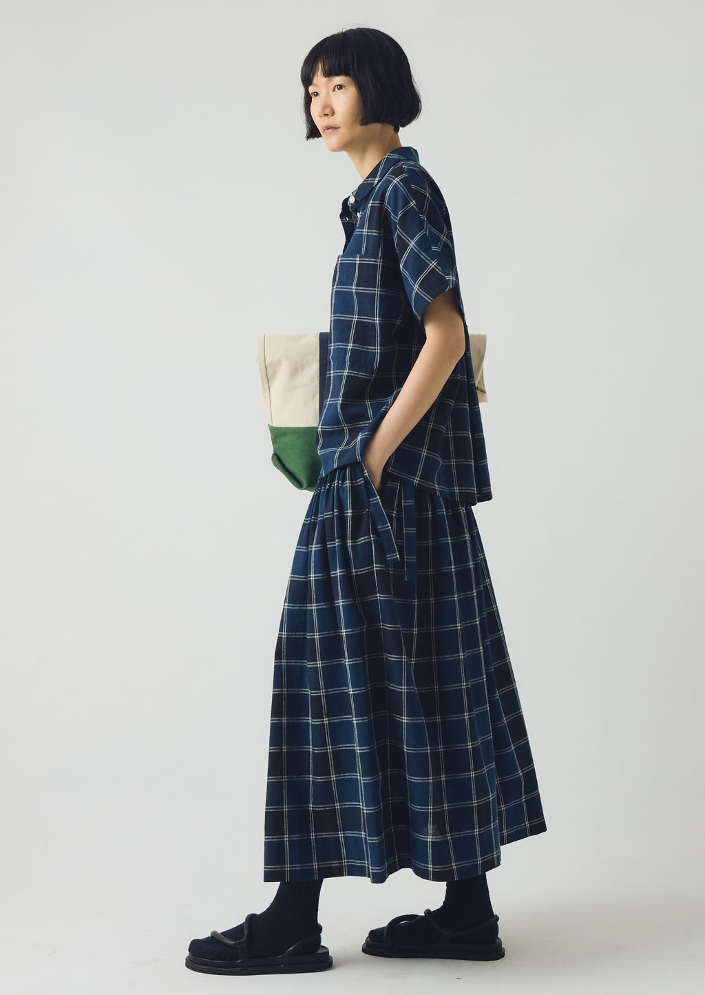 Toast Market Check Pleated Cotton Linen Skirt