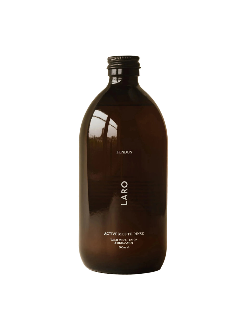 Laro Active Mouth Rinse In a brown glass bottle against a light grey background 