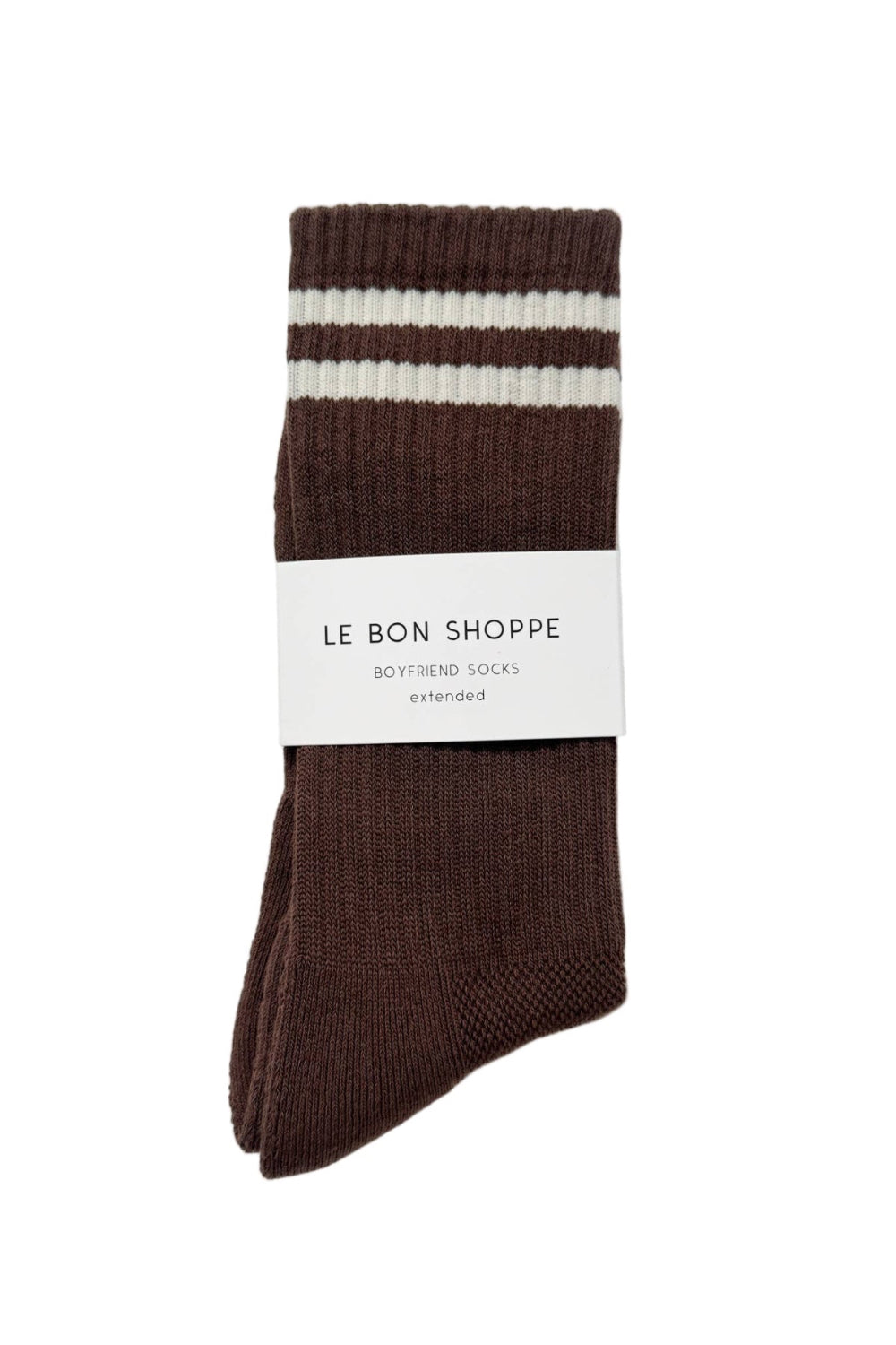 Brown socks with white stripes on a light gray background, featuring 'Le Bon Shoppe' branding.