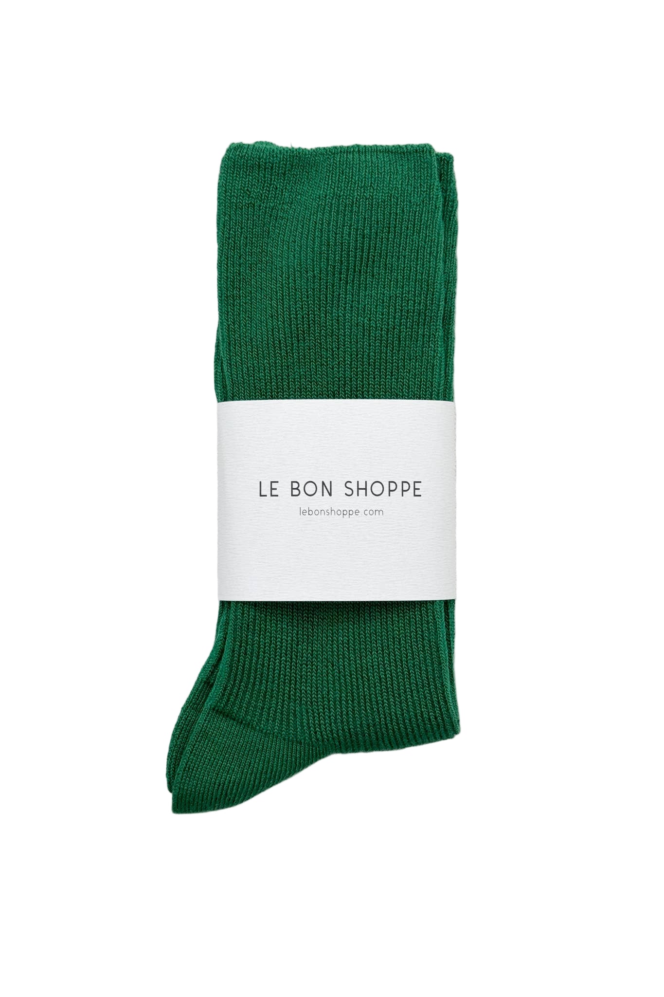 Green Le Bon Shoppe socks with a white label on a  white background
