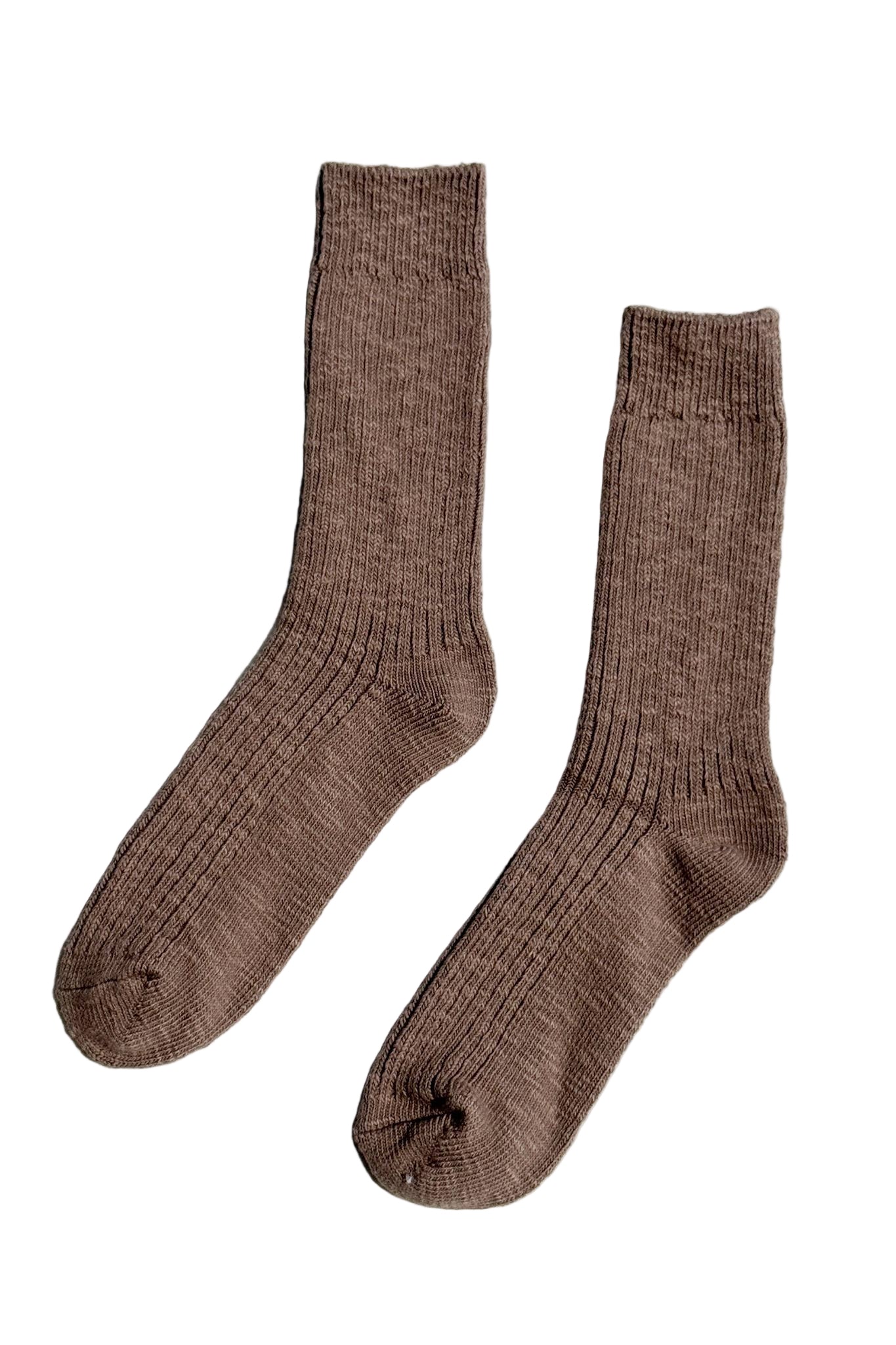 Pair of brown Le Bon Shoppe socks on a white background