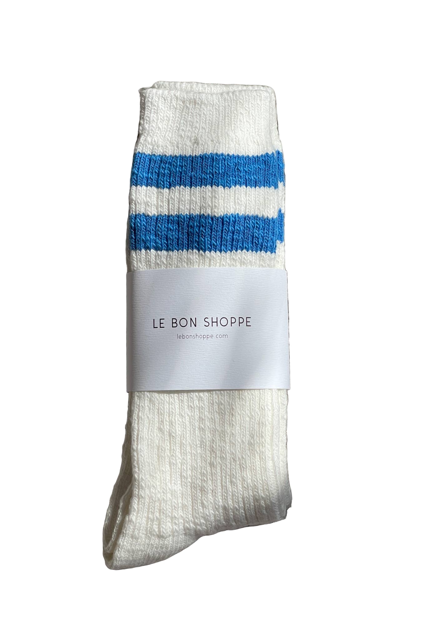 Packaged sock with blue stripes and 'Le Bon Shoppe' label on a white background 