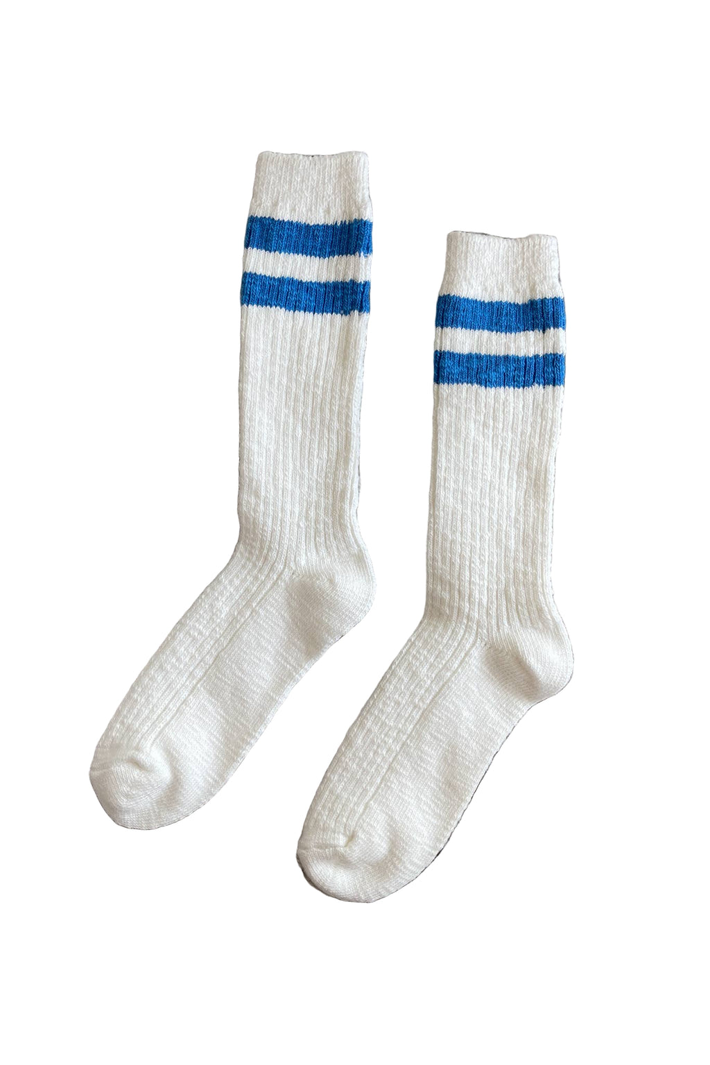 Le Bon Shoppe white socks with blue stripes on a white background