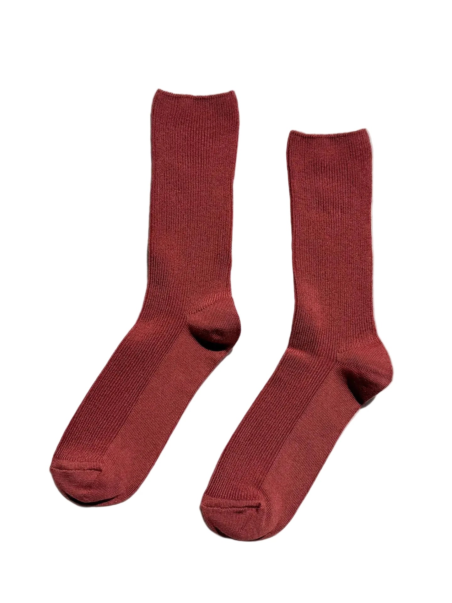 Pair of Le Bon Shoppe red / brown  socks on a  white background