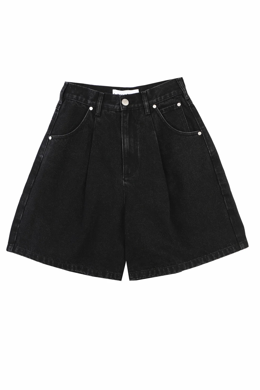 Black denim shorts on a white background
