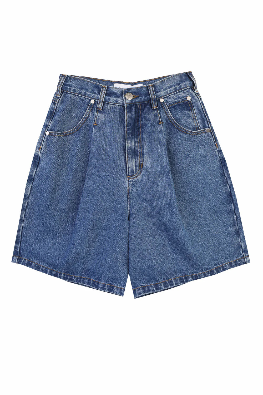 Blue denim shorts on a white background