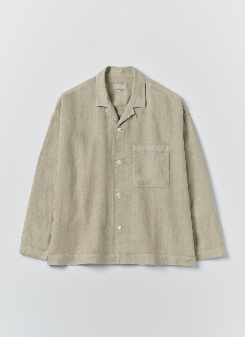Camp Collar Garment Dyed Linen Shirt in Cement, full front view showing oversized shape