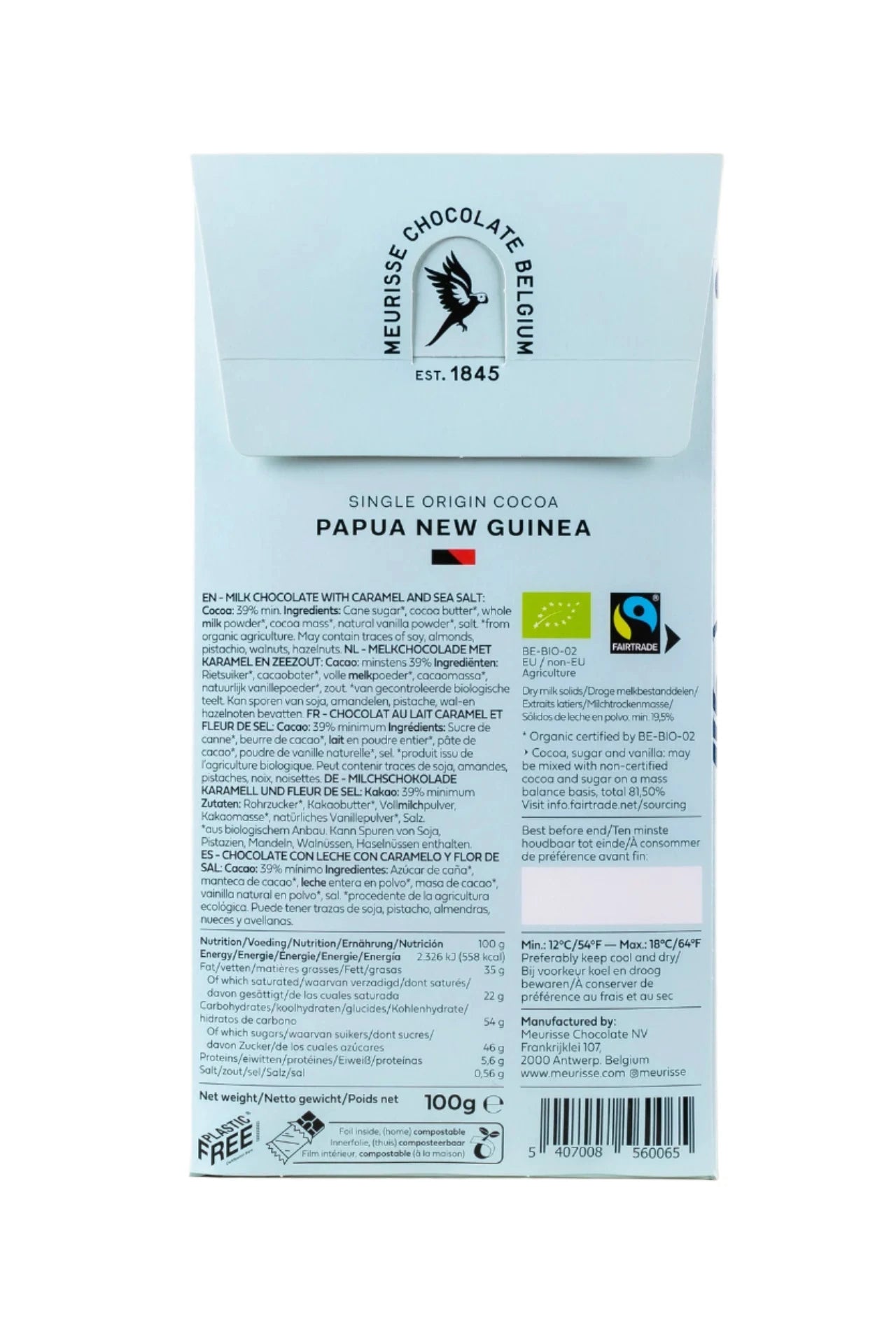 Meurisse Chocolate Belgium packaging with branding and product details on a beige background