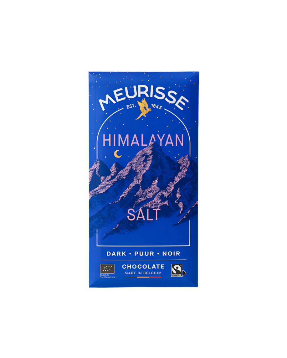 Blue packaging of Meurisse Himalayan Salt dark chocolate on a white background