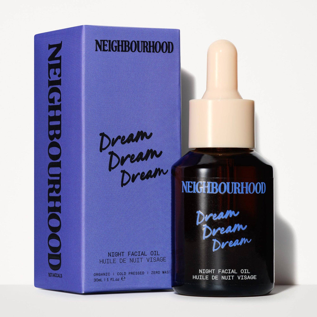 Neighbourhood Night Facial Oil with dropper and packaging on a white background