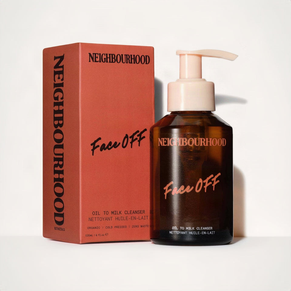 Neighbourhood Botanicals Face Off oil to milk cleanser with packaging on a white background