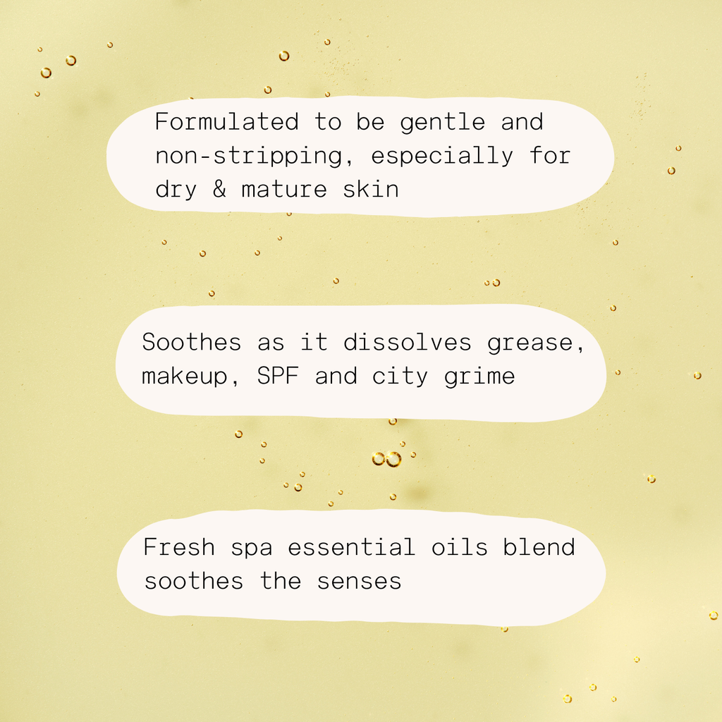 Text on a beige background describing skincare product benefits