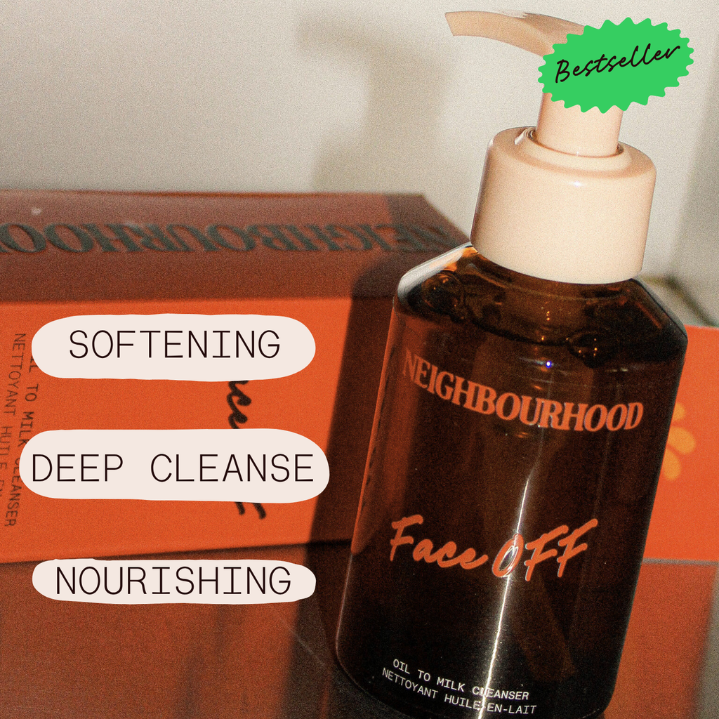 Brown bottle labeled 'Neighbourhood Face Off' with text describing benefits on an orange background.