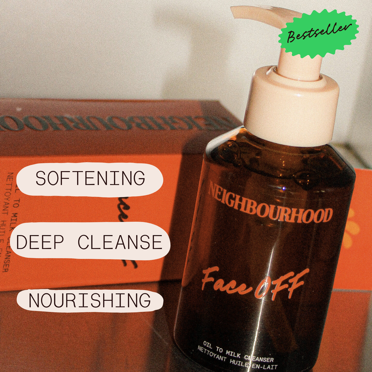 Brown bottle labeled 'Neighbourhood Face Off' with text describing benefits on an orange background.