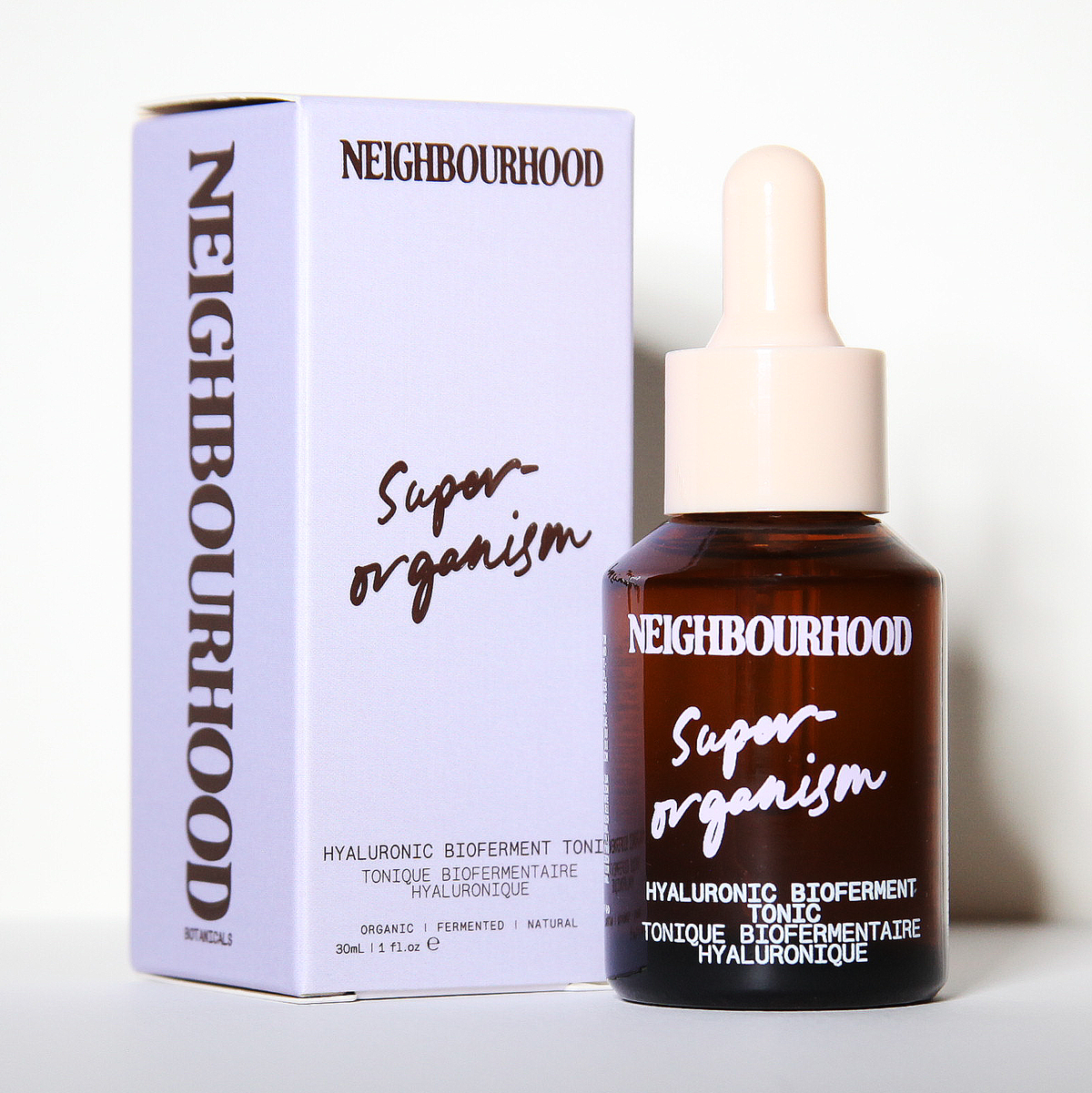 Neighbourhood Super Organism skincare product with packaging on a white background