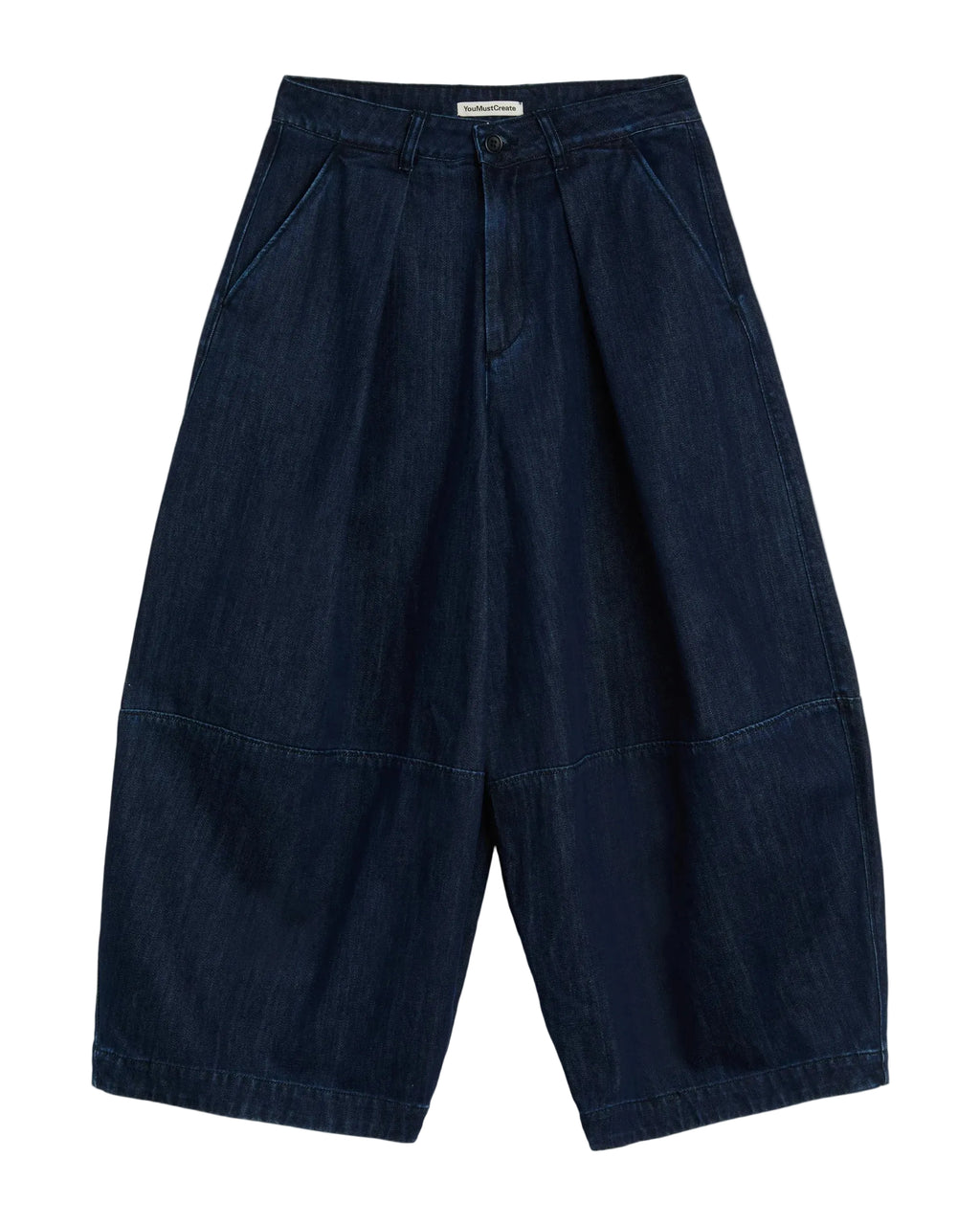 Dark blue wide-leg pants on a light gray background