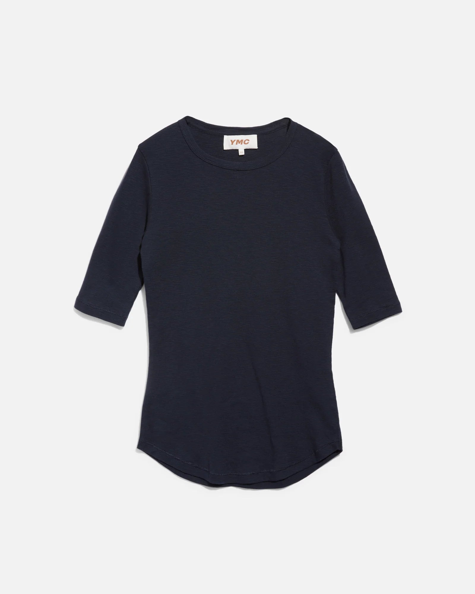 Navy blue t-shirt with a brand label on a white background