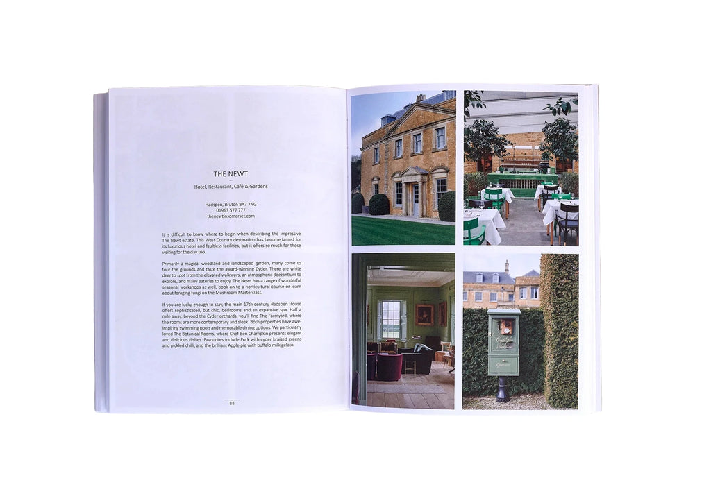 Open book showing images of the Newt Hotel and text on a neutral background