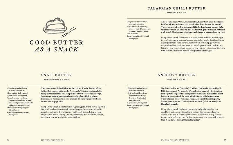 Page from Something from Nothing Cook Book by Alison Roman featuring text about butter flavours and recipes.