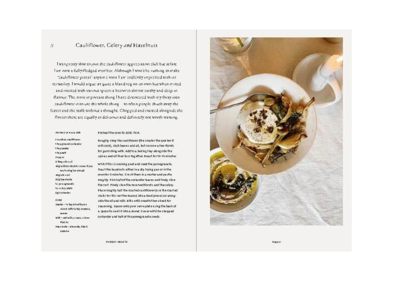Book page with text on cauliflower, celery, and hazelnuts alongside a dish of food.