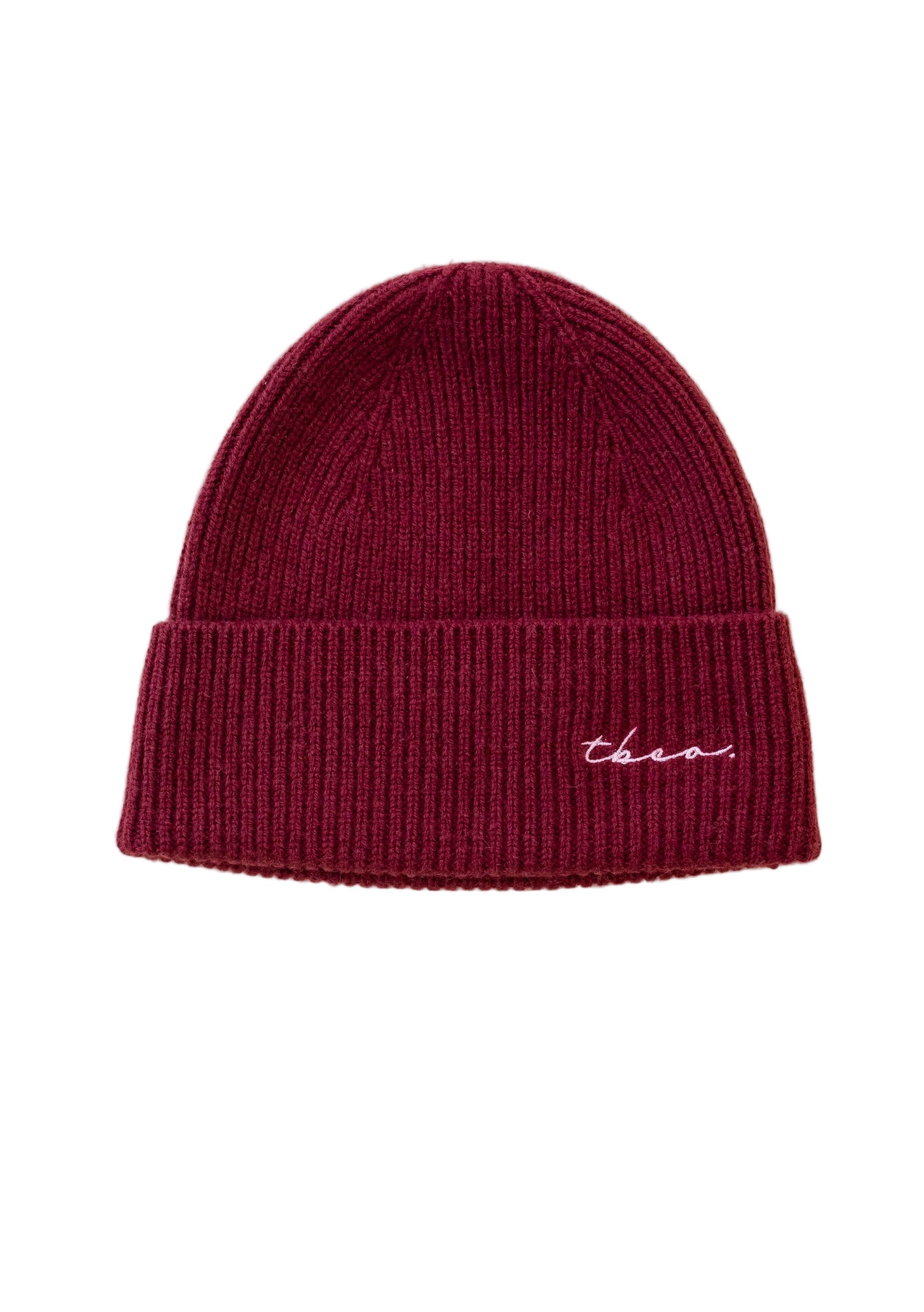 TBCO burgundy beanie hat on a white background