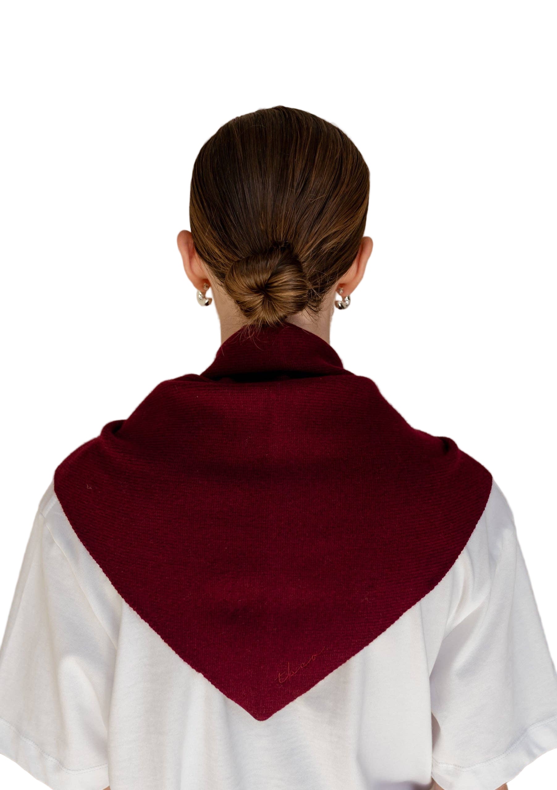 TBCO Burgundy scarf on a person view from behind against white background 