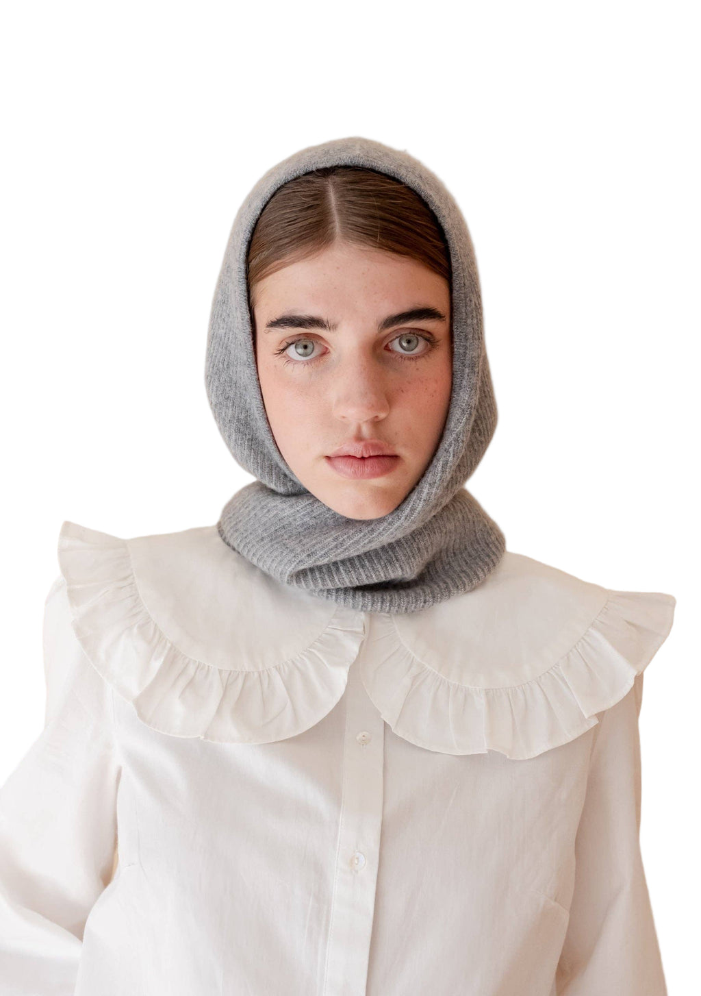 TBCO grey hooded scarf on a model on against a white background 