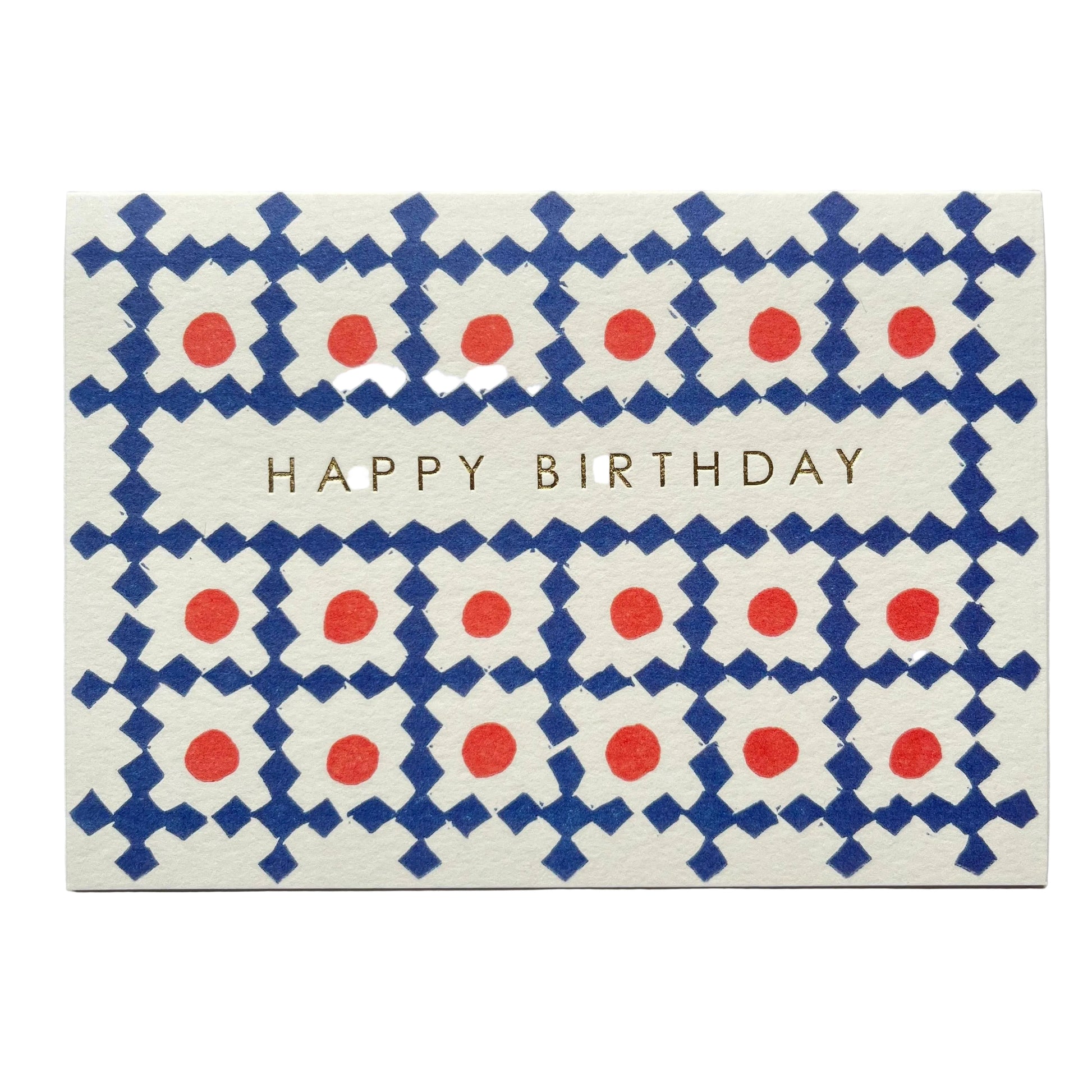 Birthday card with blue and red pattern and 'Happy Birthday' text on a gray background