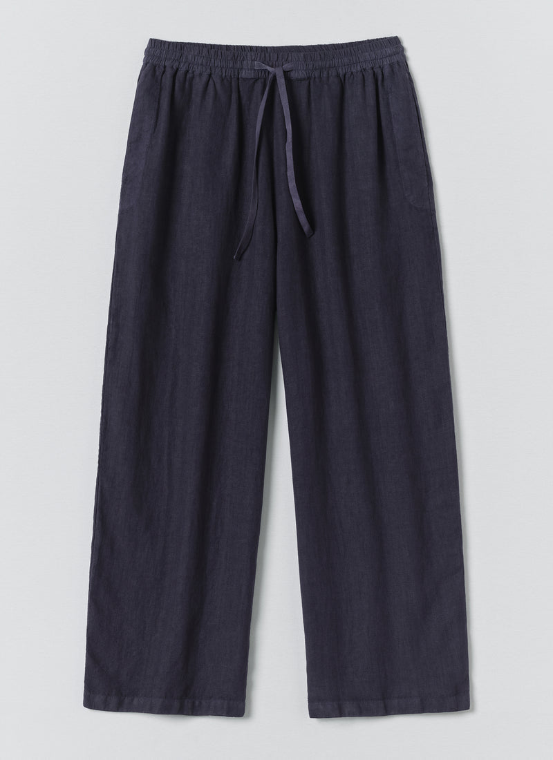 Toast Garment Dyed Linen Drawstring Trousers in Blueberry, full front view showing wide straight leg and drawstring waist