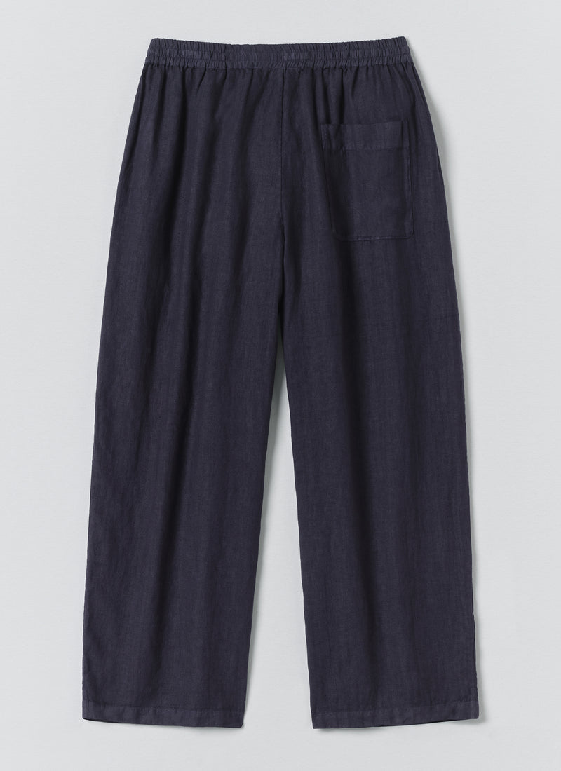 Toast Garment Dyed Linen Drawstring Trousers in Blueberry, close-up of side pocket detail