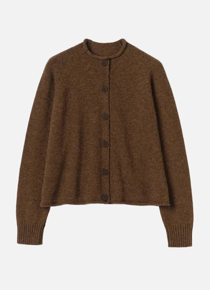 Toast Heatherly Wool High Neck Cardigan on a light grey background