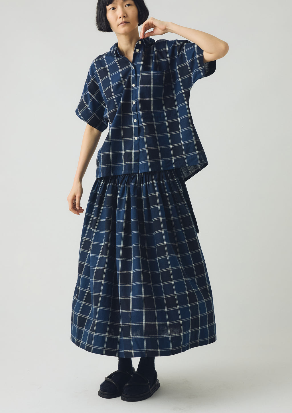 Person wearing a blue plaid dress and shirt on a white background