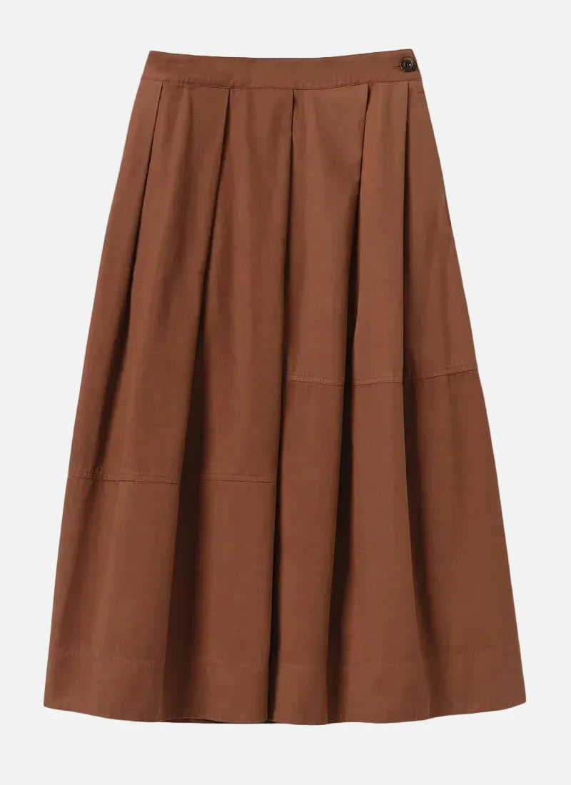A brown pleated A-line skirt with a button closure at the waistband, shown flat against a light grey background.