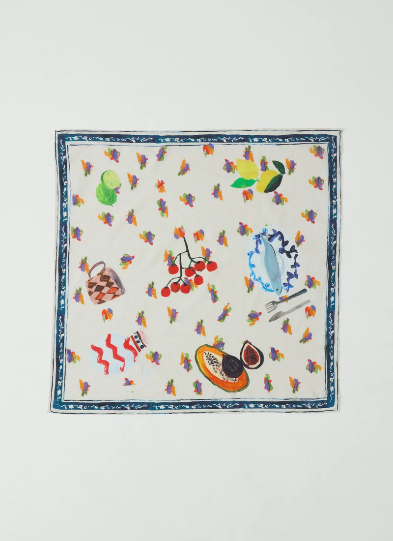Decorative square scarf / bandana with colourful patterns on a white background