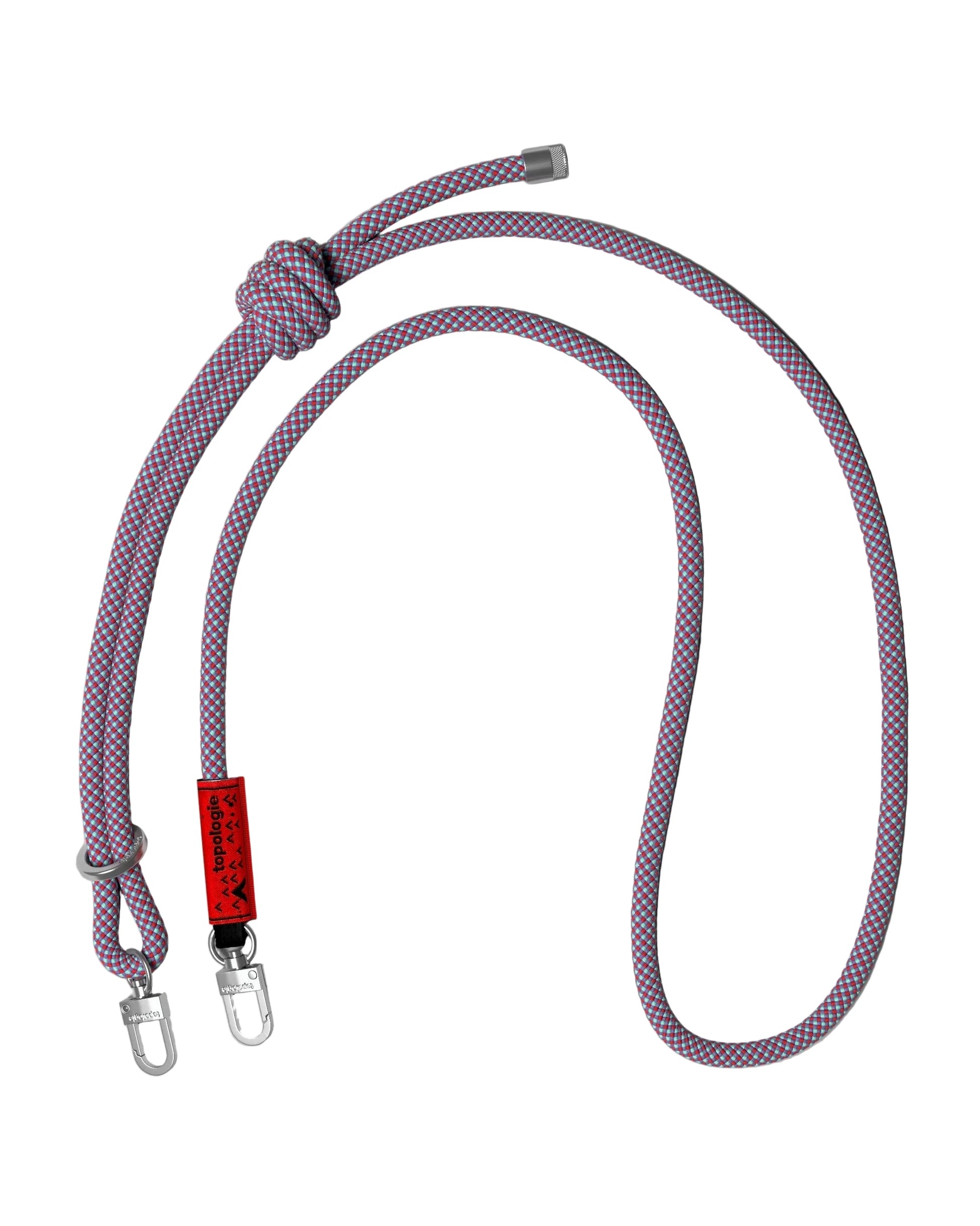 Topologie Purple braided rope strap with metal clips on a white background