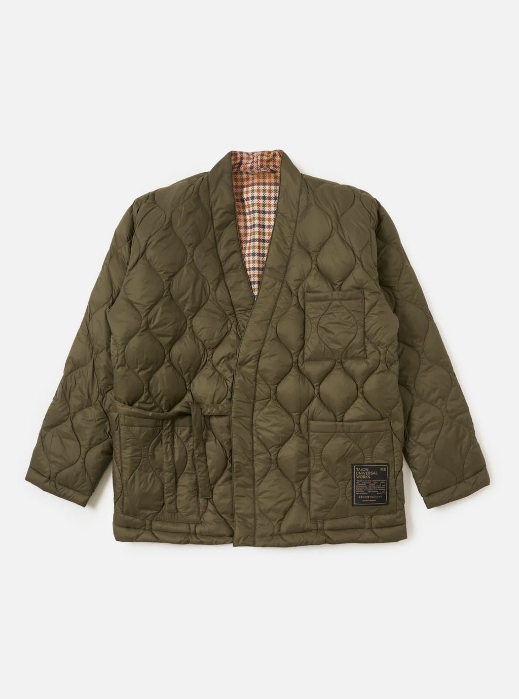 Quilted dark olive jacket with diamond pattern on a white background