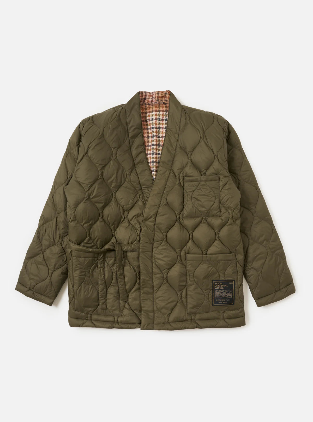 Quilted dark olive jacket with diamond pattern on a white background