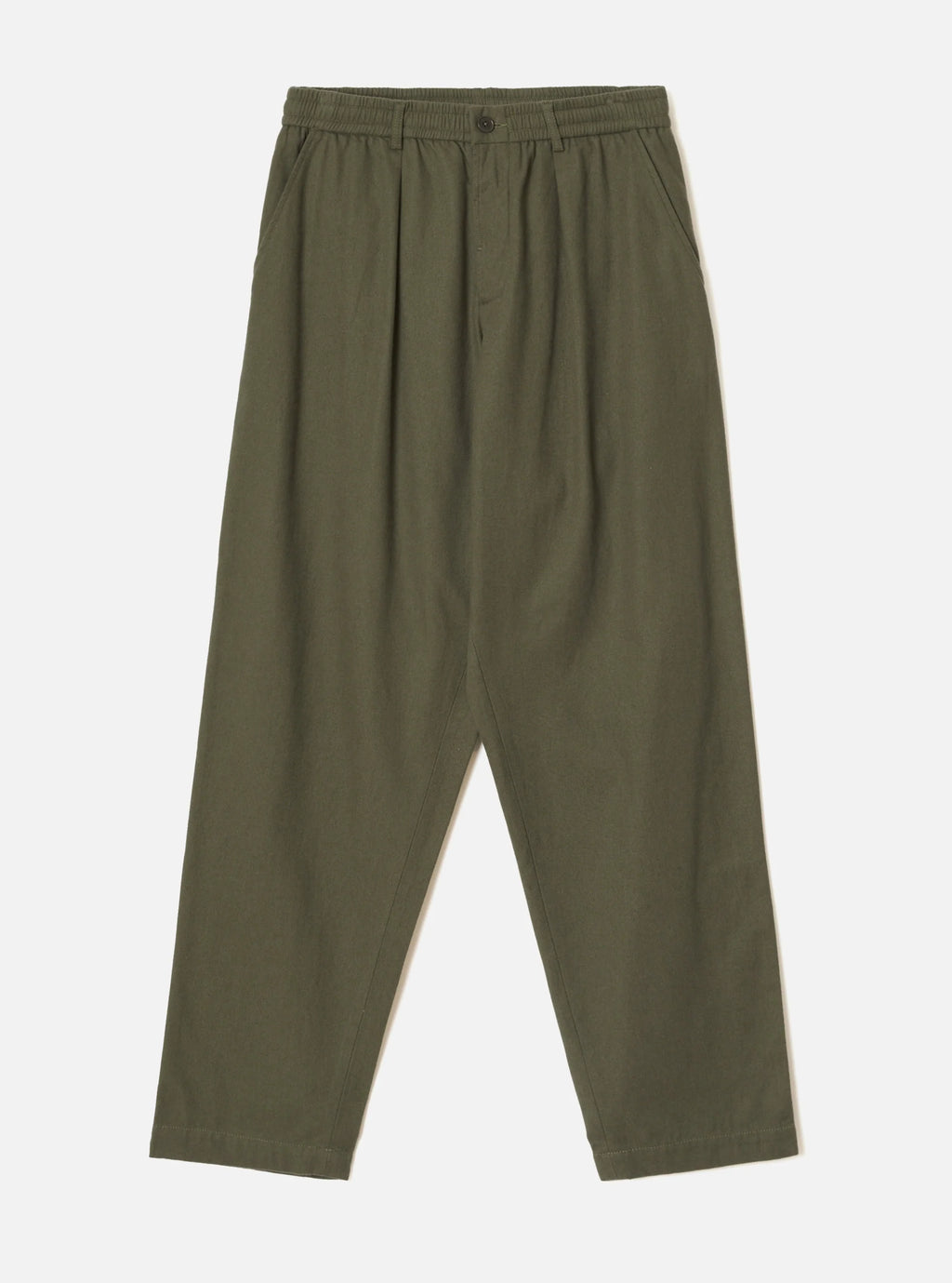Olive green wide-leg Universal Works trousers with an elastic waistband and front button closure, shown flat on a light gray background.