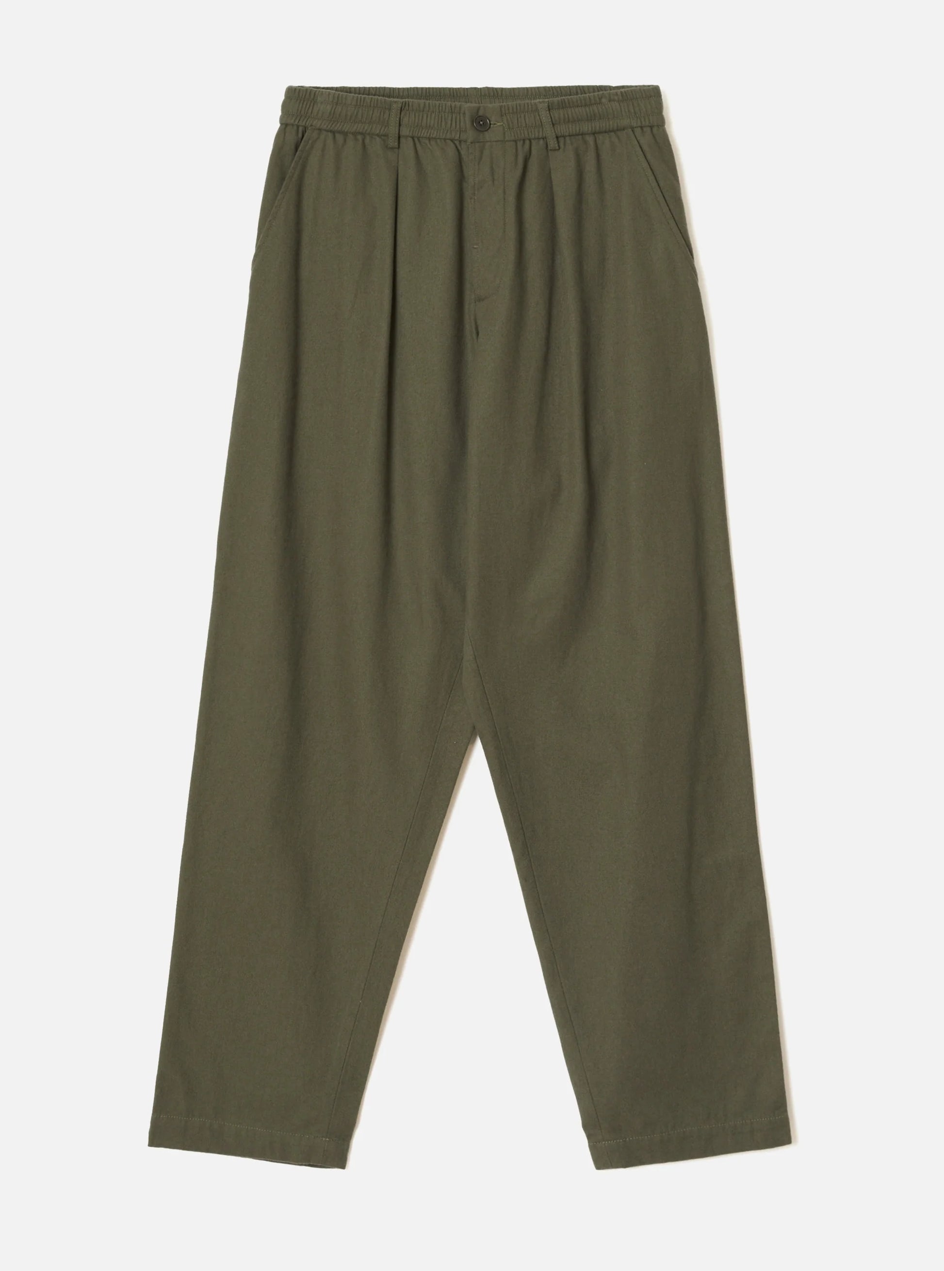 Olive green wide-leg Universal Works trousers with an elastic waistband and front button closure, shown flat on a light gray background.