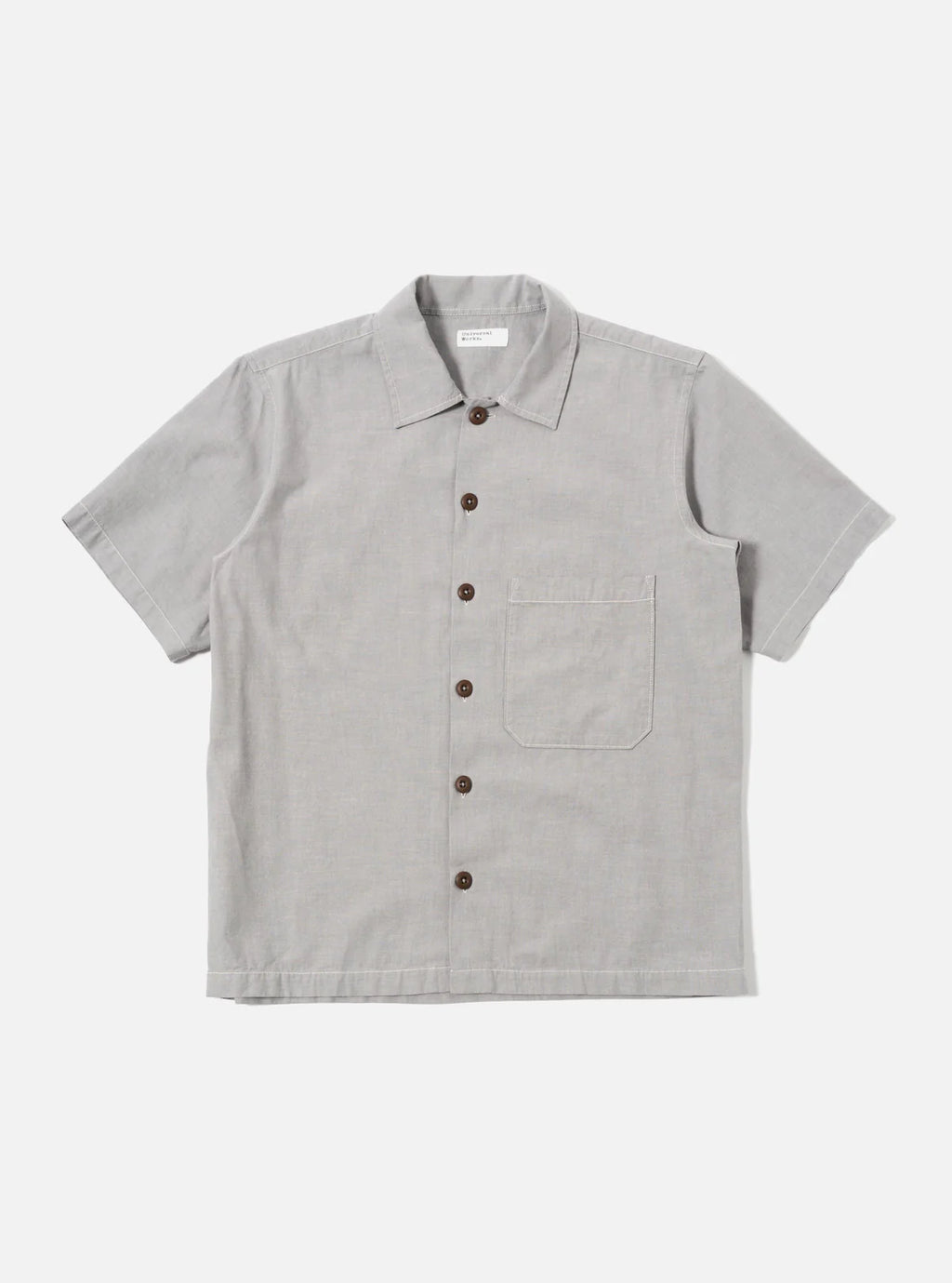 Gray short-sleeve shirt with button details on a white background