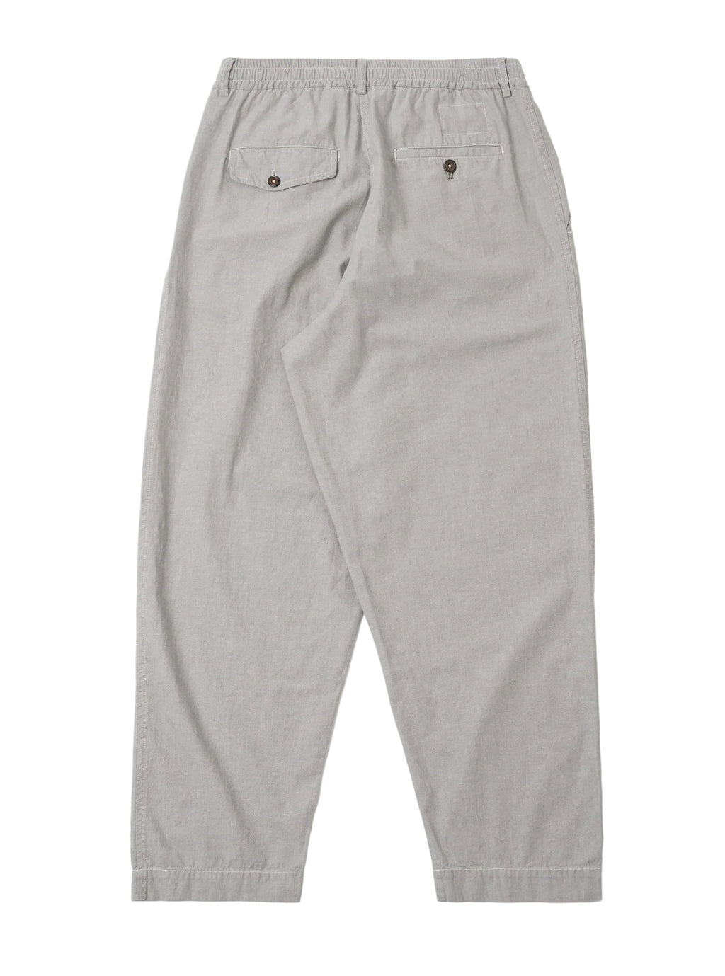 Back of grey Universal Works trousers on white background