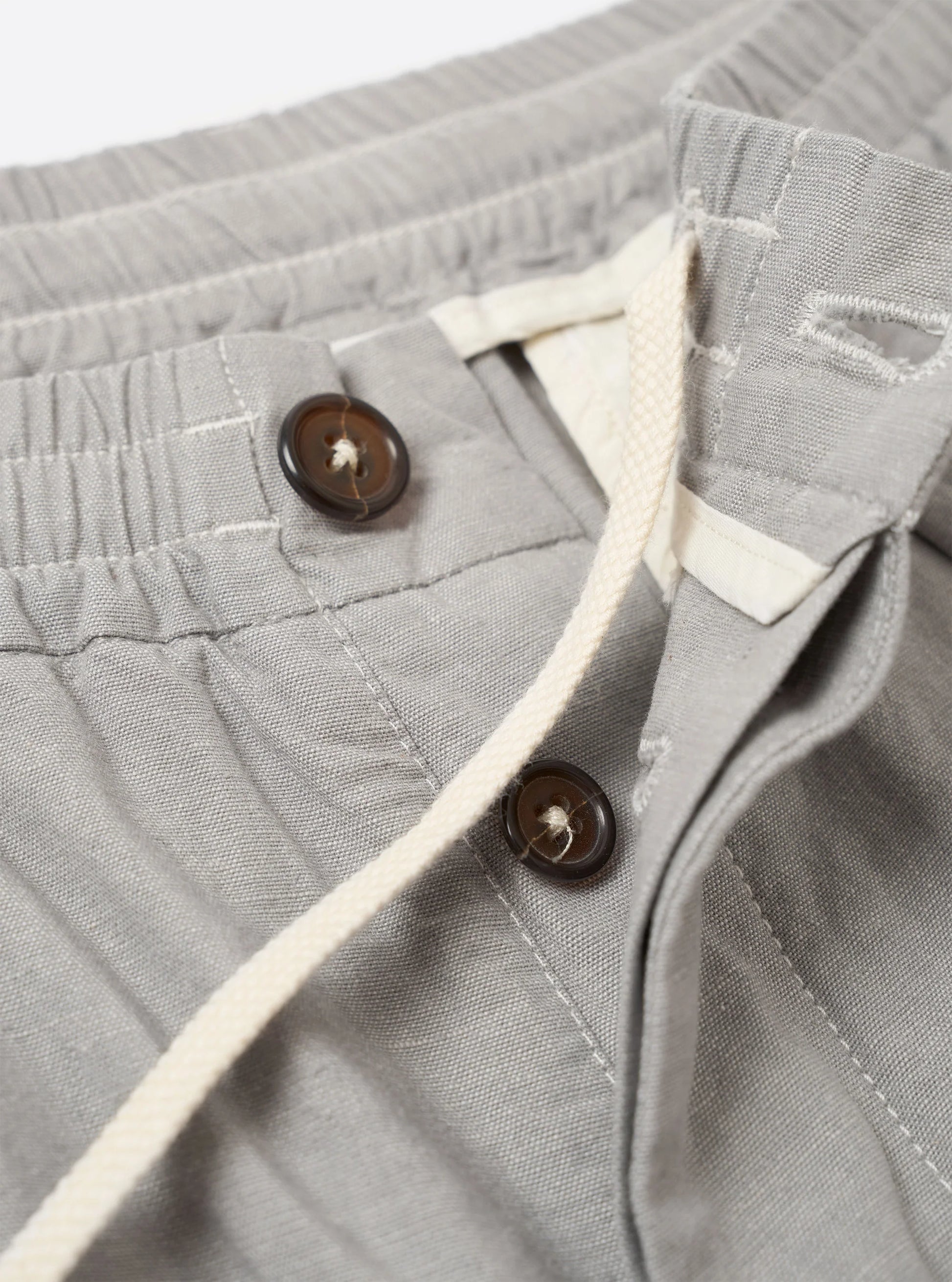 Close-up of gray pants with buttons and white trim on a light gray background