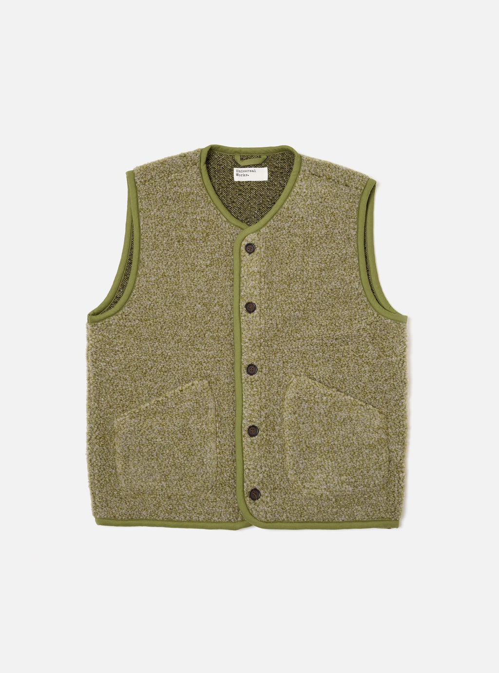 niversal Works  Light Olive gilet in a fleece fabric on a white background