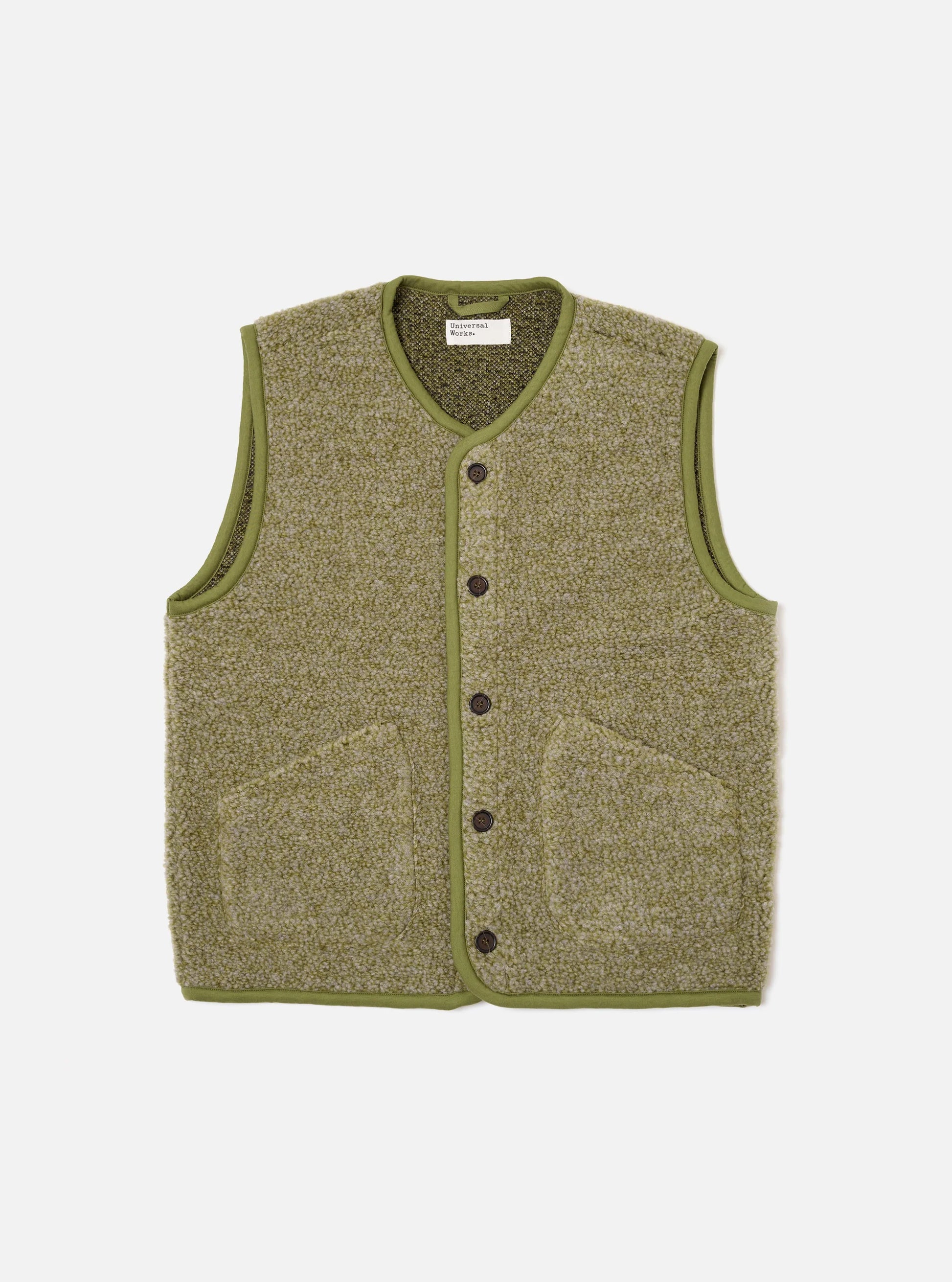 niversal Works  Light Olive gilet in a fleece fabric on a white background