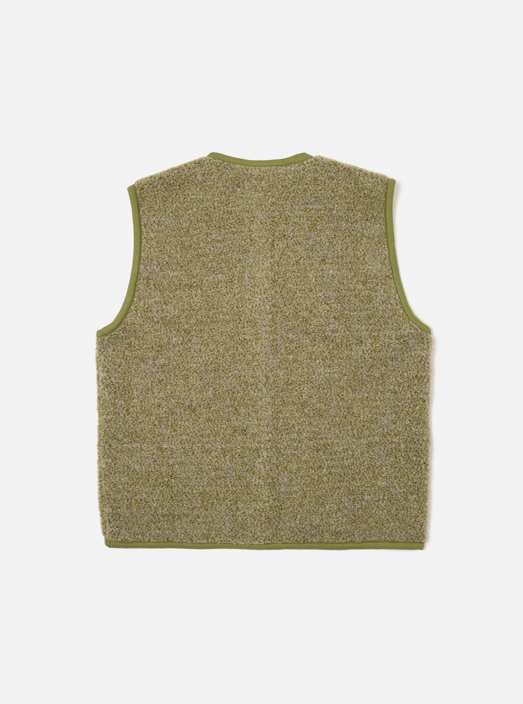 Universal Works Light Olive Fleece Gilet on a white background 