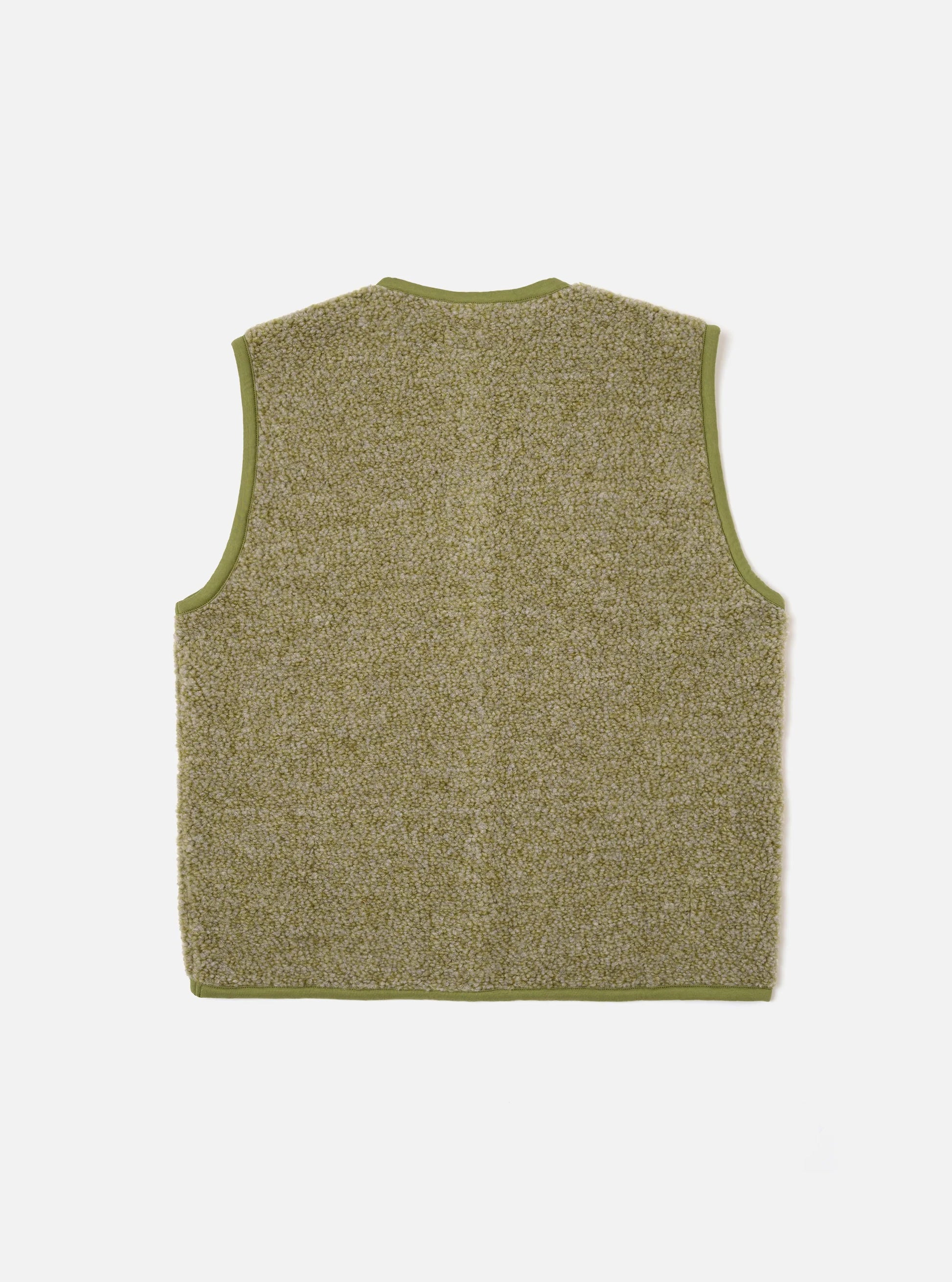 Universal Works Light Olive Fleece Gilet on a white background 
