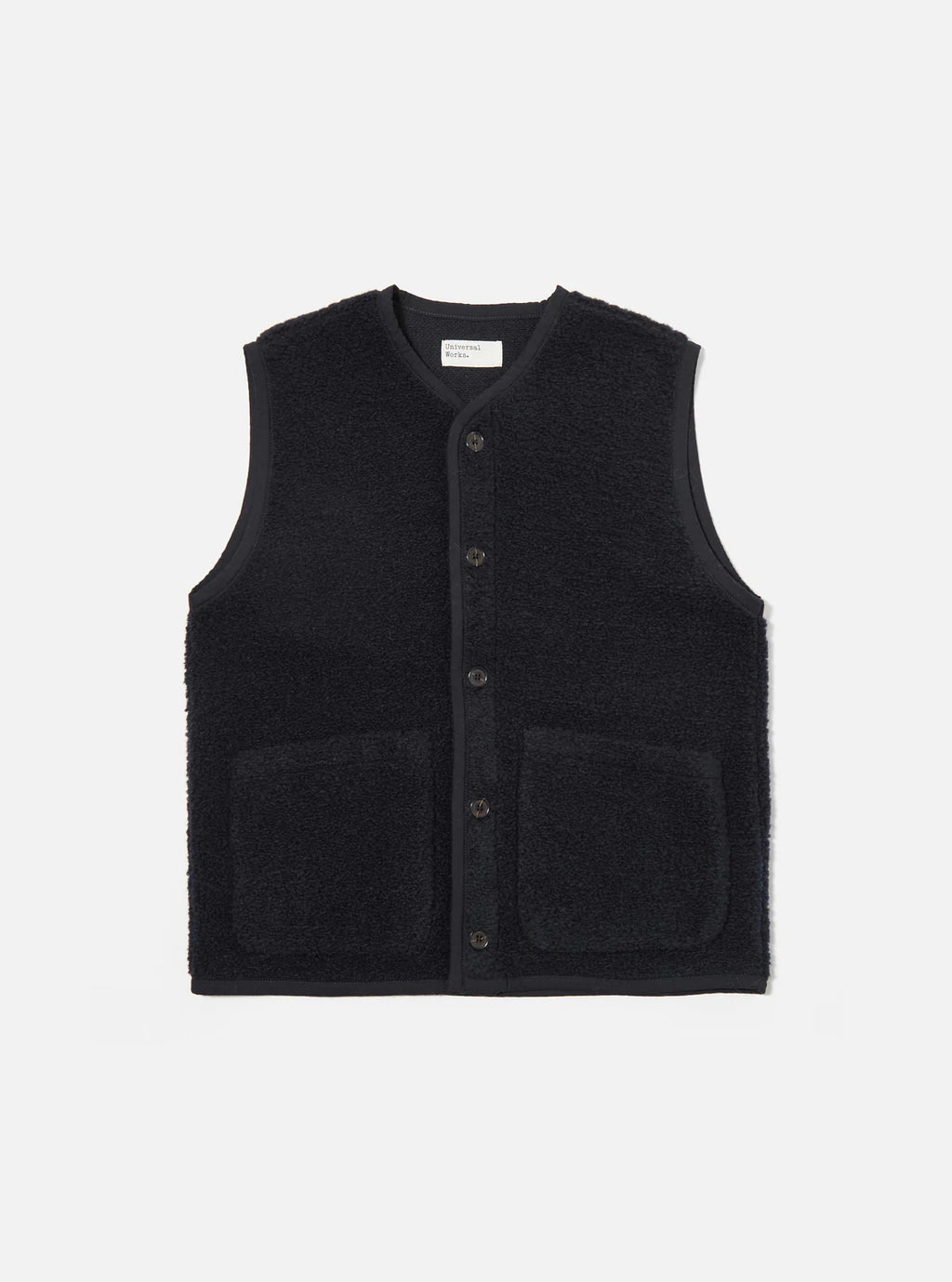 Universal works Navy wool  fleece vest on a white background