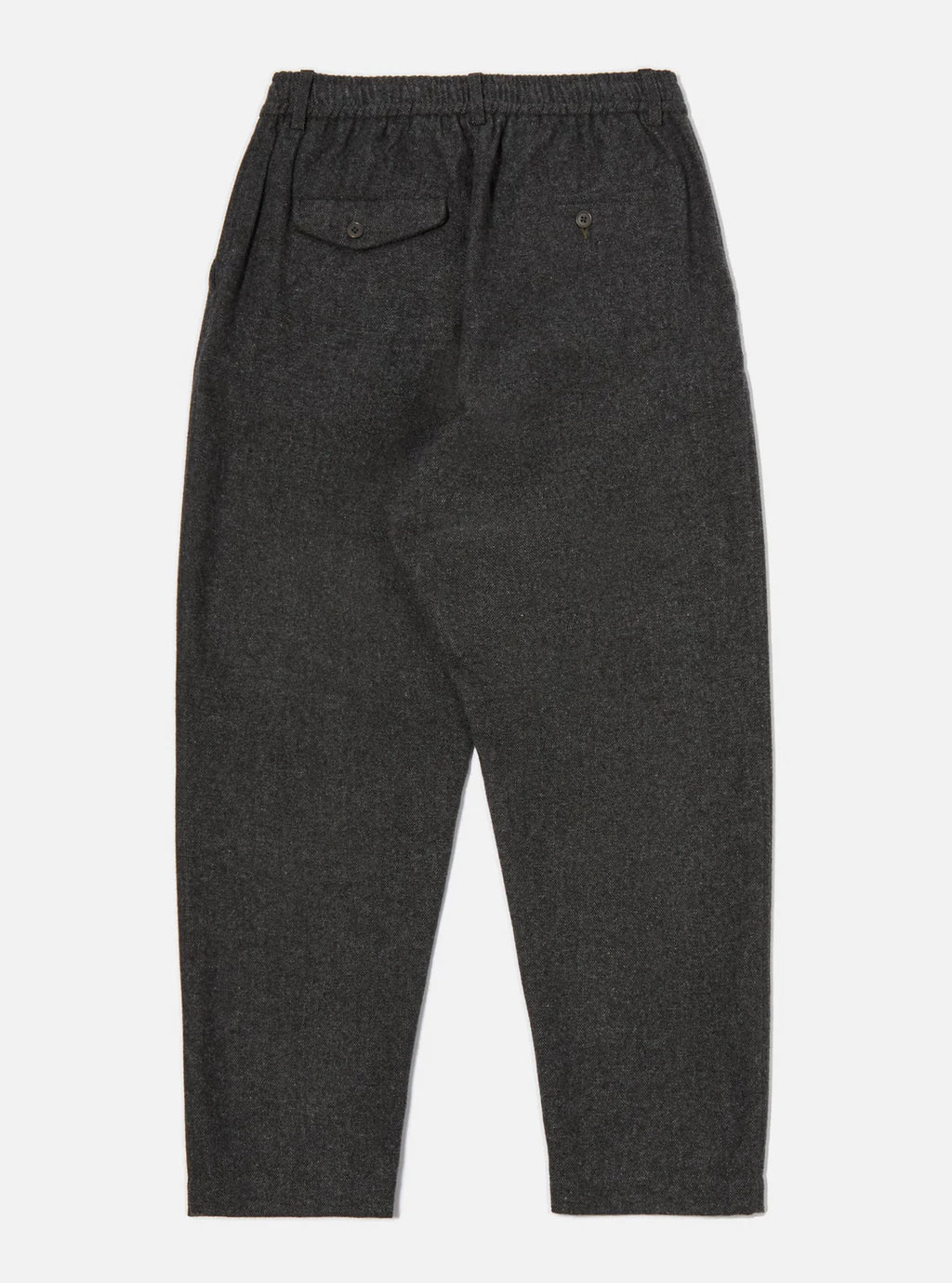 Universal Works dark grey trousers  on a white background
